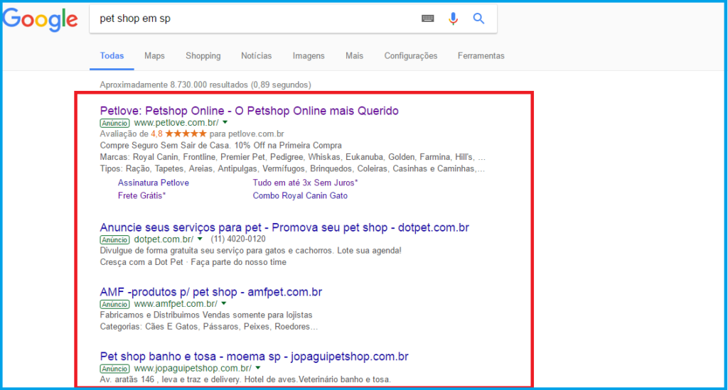 Anúncios no Google par Petshop em Sp